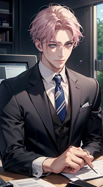 (Highest quality,4K,8K,High resolution,masterpiece:1.2),Super detailed,(Realistic,photoRealistic,photo-Realistic:1.37),1 person,31 years old,Mature Men,Beautiful skin、very handsome,Expressionless,smile,Short gray pink hair,blue eyes,Sharp Eyes,A perfect face without a doubt,Businessman,Office Background,Cinema Lighting,HDR image,tie、