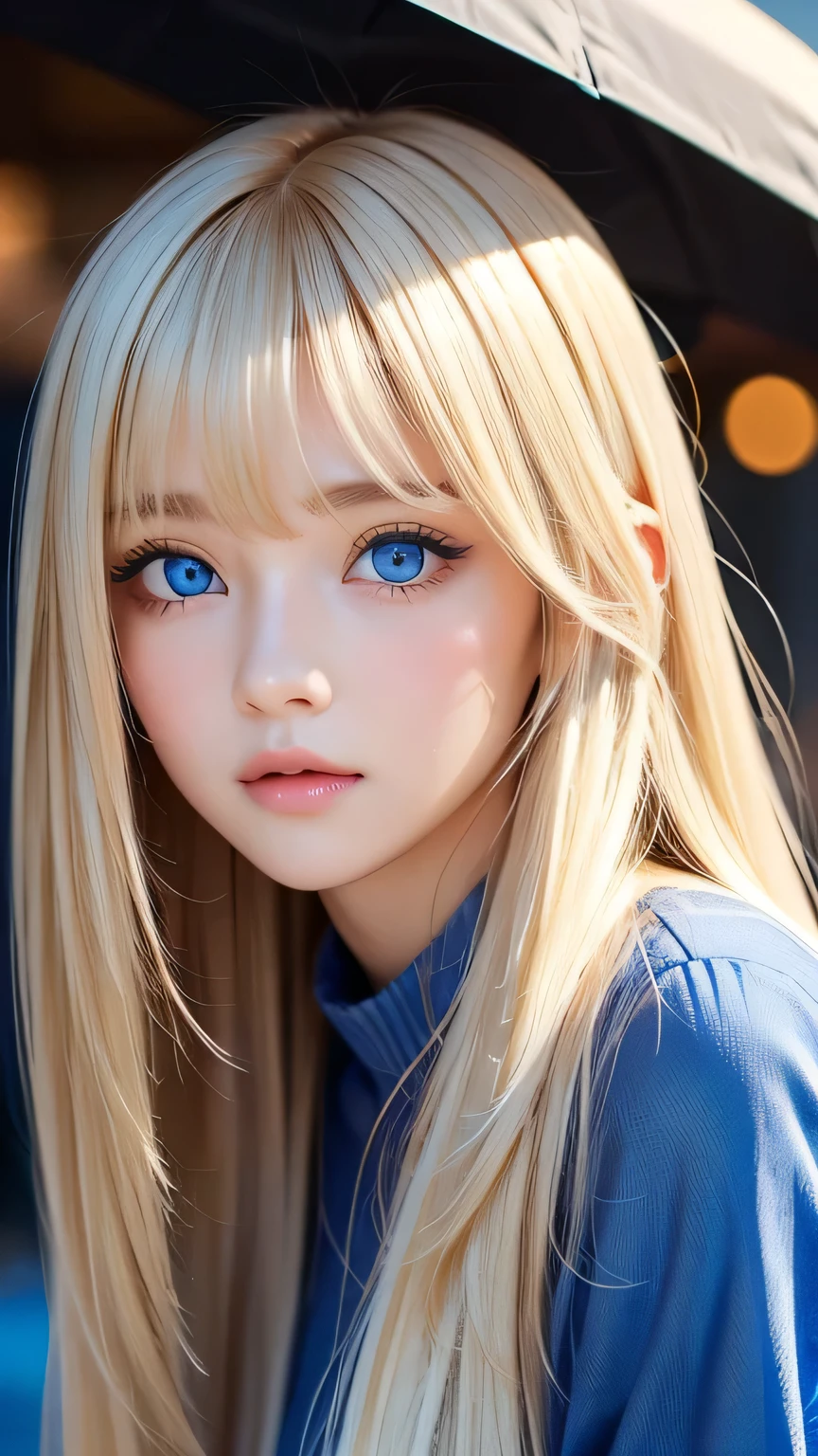 Very beautiful face、Super Long Hair、windy silky blonde super long hair、Swinging bangs、19 year old cute sexy blue eyed blonde girl、Hair above the eyes、片Hair above the eyes、Hair between the eyes、Big bright blue eyes that sparkle so beautifully、eyeliner、Bright expression、