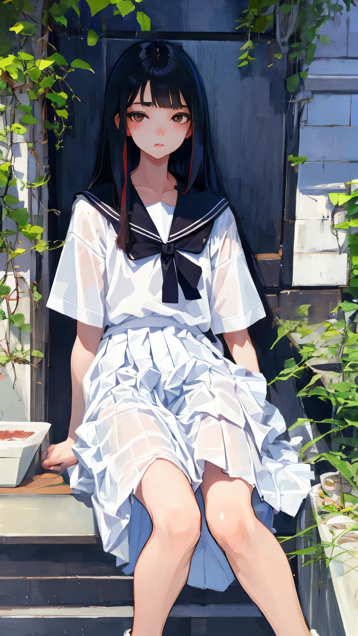 (child),highest quality,Beautiful face in every detail,cute,Dark brown eyes,(背の低いcute女の子,Small young student,Young delicate girl),(masterpiece,Top quality),Black Hair,Sleepy expression,Short sleeve white shirt,Colorful checked skirt