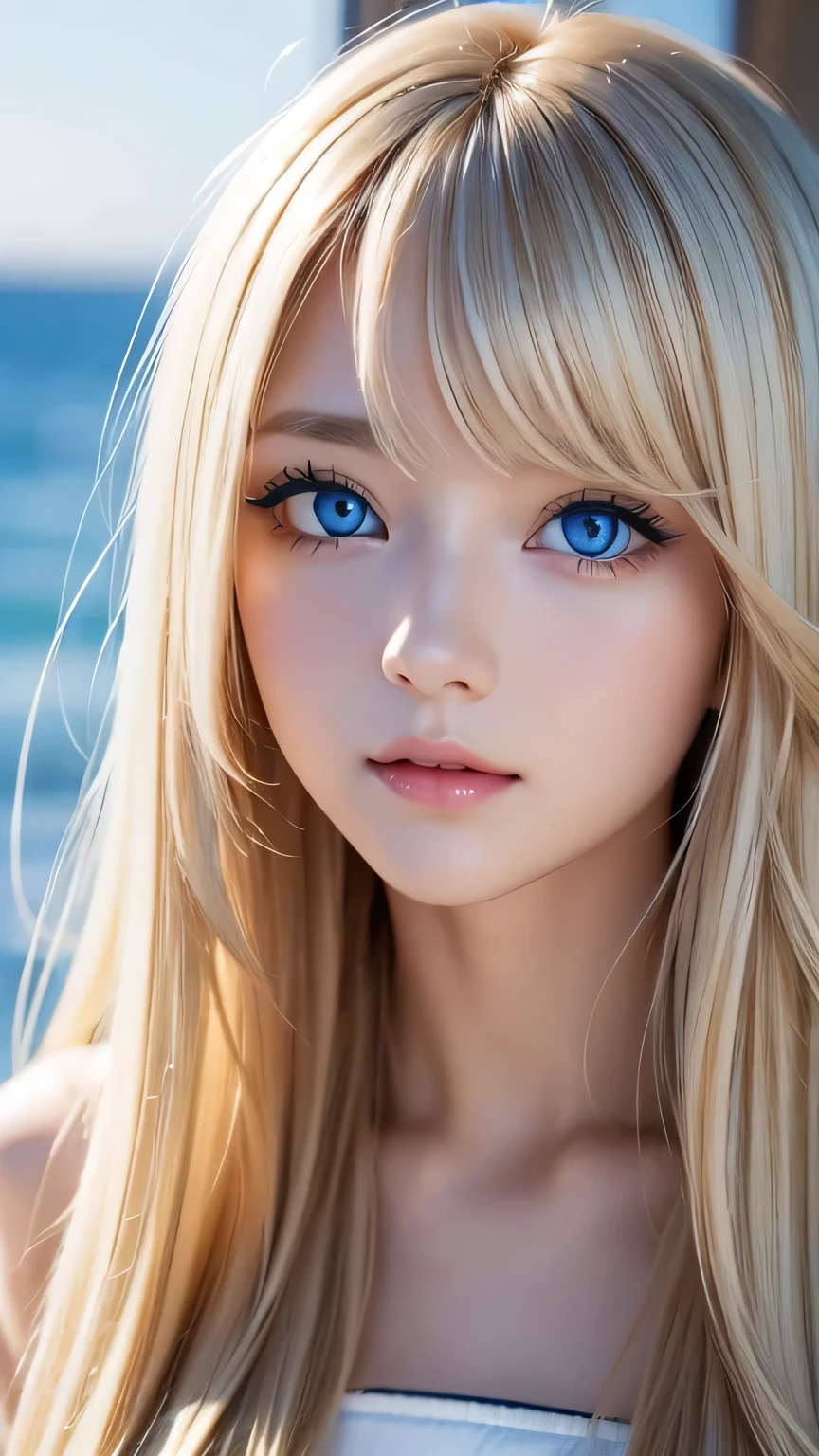 Very beautiful face、Super Long Hair、windy silky blonde super long hair、Swinging bangs、19 year old cute sexy blue eyed blonde girl、Hair above the eyes、片Hair above the eyes、Hair between the eyes、Big bright blue eyes that sparkle so beautifully、eyeliner、Bright expression、