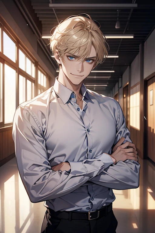 (tmasterpiece, high resolution, ultra - detailed:1.0), (1 man , madure male, masculine face), Perfect male body, tall and strong, Adult male, Delicate eyes and delicate face, blue eyes, Extremely detailed CG, Unity 8k wallpaper, Complicated details, Detailed face, ( short blond hair, smile in love faces, white shirts,Bad students), (frown,smile:1.3), stad in school corridor, street style, color difference, Depth of field, dramatic shadow, Ray tracing, Best quality, Cinematic lighting, offcial art,Portrait