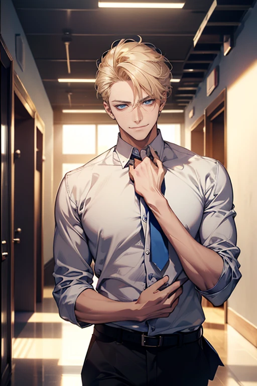 (tmasterpiece, high resolution, ultra - detailed:1.0), (1 man , madure male, masculine face), Perfect male body, tall and strong, Adult male, Delicate eyes and delicate face, blue eyes, Extremely detailed CG, Unity 8k wallpaper, Complicated details, Detailed face, ( short blond hair, smile in love faces, white shirts,Bad students), (frown,smile:1.3), stad in school corridor, street style, color difference, Depth of field, dramatic shadow, Ray tracing, Best quality, Cinematic lighting, offcial art,Portrait