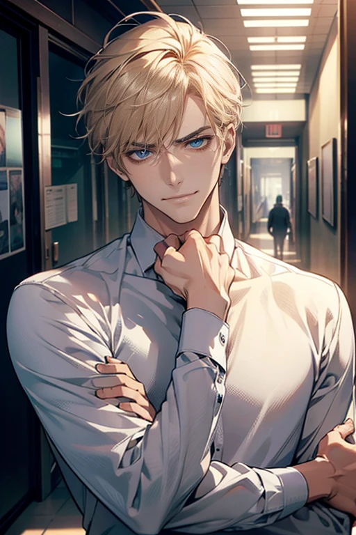 (tmasterpiece, high resolution, ultra - detailed:1.0), (1 man , madure male, masculine face), Perfect male body, tall and strong, Adult male, Delicate eyes and delicate face, blue eyes, Extremely detailed CG, Unity 8k wallpaper, Complicated details, Detailed face, ( short blond hair, smile in love faces, white shirts,Bad students), (frown,smile:1.3), stad in school corridor, street style, color difference, Depth of field, dramatic shadow, Ray tracing, Best quality, Cinematic lighting, offcial art,Portrait