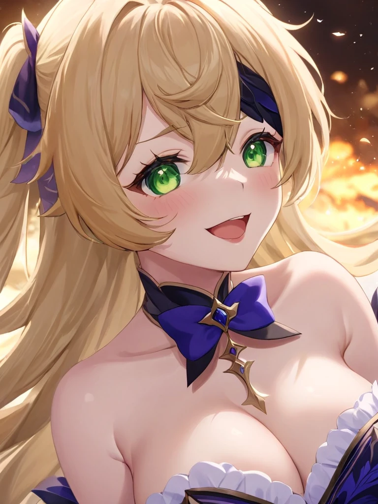 Super detailed,(Highest quality),((masterpiece)),(High resolution),original,Highly detailed 8k wallpaper,(Very delicate and beautiful),Highest_hand,anime,  ୨୧(\Fei Xie L\), One girl, Fischl \(Genshin Impact\), alone, Large Breasts, Eye patch, Both sides up, Blonde, Long Hair, Open your mouth, Green Eyes, View your viewers, hand袋, smile, Bare shoulders, feather, bow,((NSFW)),