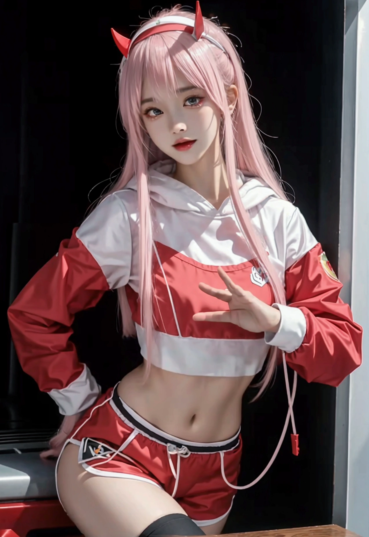 ultra-detailed,highly detailed,best quality,masterpiece,illustration, 
The image features a young person with pink hair, wearing a headband with small red horns. They are dressed in a light gray hoodie with black drawstrings and a small red logo on the chest. They are also wearing matching light gray shorts with pink accents and thigh-high black stockings with straps. The individual is wearing a blue face mask with intricate designs. The background shows a yellow vehicle and what appears to be an urban setting.