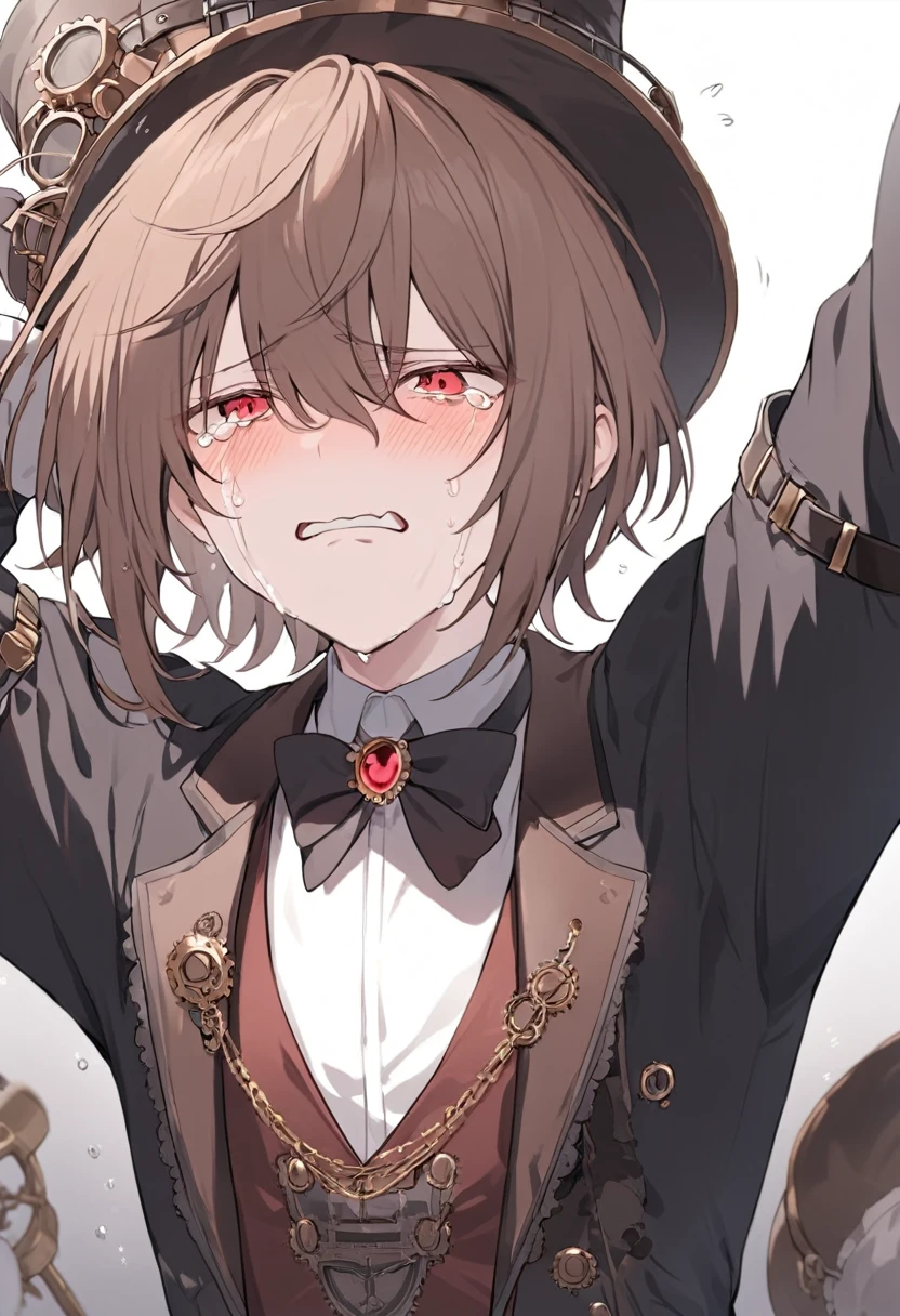 steampunk,1 male,silk hat,short hair,Red eyes,Brown Hair,tuxedo,Red brooch,despair,Crying face,