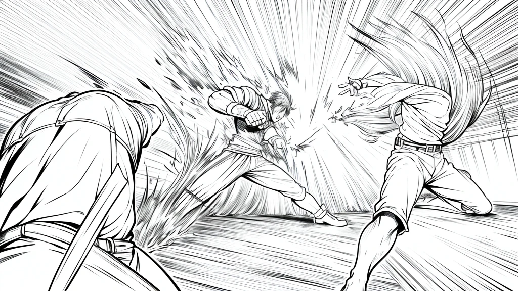 manga type combat sequence line art:
characters:
Chico:
Appearance: dressed in loose pants and a plain short-sleeved t-shirt Fighting style: [Describe the boy&#39;s fighting style: agile and fast..]
Muscle man:
Appearance: dressed in knee-length shorts and bare-chested with almost long hair Fighting style: with a strong and forceful sword.]
weapon: Large, detailed greatsword.
scenery:

on an open dirt road in the woods Combat sequence:
the boy dodges a blow from the greatsword and counterattacks with a kick.]