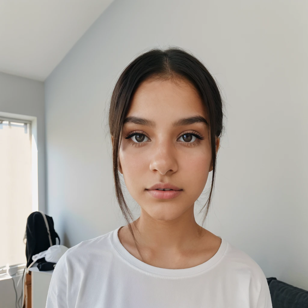 a 22 year old girl, Latina with a thin face and white makeup, clean girl, dark brown hair parted in the middle she is inside her room the color of the wall and an almost white gray 48MP quality size 4:3, natural sunlight