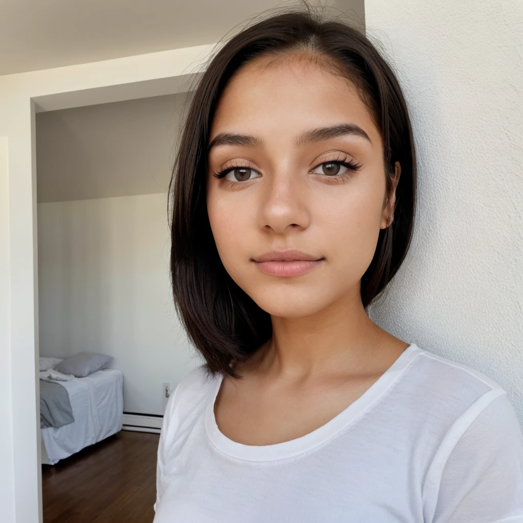 a 22 year old girl, Latina with a thin face and white makeup, clean girl, dark brown hair parted in the middle she is inside her room the color of the wall and an almost white gray 48MP quality size 4:3, natural sunlight