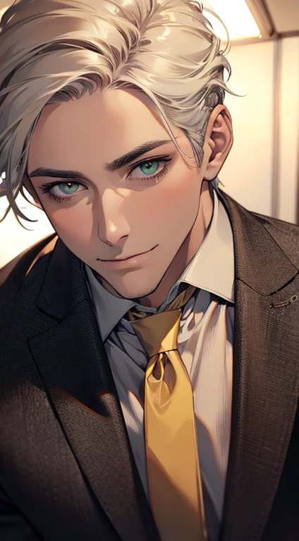 (Highest quality,4K,8K,High resolution,masterpiece:1.2),Super detailed,(Realistic,photoRealistic,photo-Realistic:1.37),1 person,34 years old,Mature Men,Beautiful skin、very handsome,Expressionless smile in love,Short white hair,green eyes,Sharp Eyes,A perfect face without a doubt,Businessman, CEO, Office Background,Cinema Lighting,HDR image,tie、