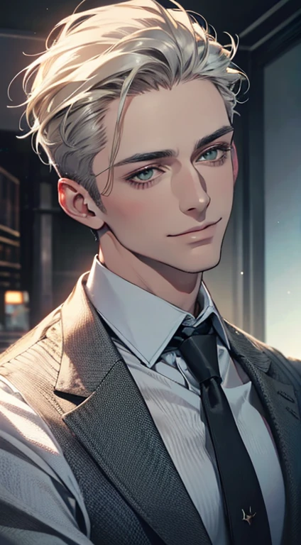 (Highest quality,4K,8K,High resolution,masterpiece:1.2),Super detailed,(Realistic,photoRealistic,photo-Realistic:1.37),1 person,34 years old,Mature Men,Beautiful skin、very handsome,Expressionless smile in love,Short white hair,green eyes,Sharp Eyes,A perfect face without a doubt,Businessman, CEO, Office Background,Cinema Lighting,HDR image,tie、