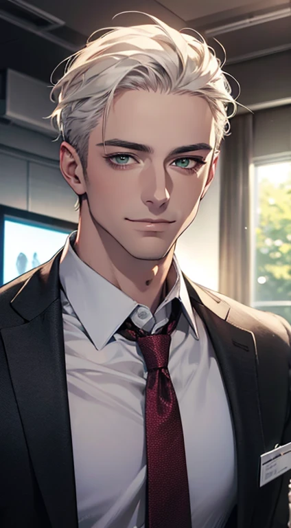 (Highest quality,4K,8K,High resolution,masterpiece:1.2),Super detailed,(Realistic,photoRealistic,photo-Realistic:1.37),1 person,34 years old,Mature Men,Beautiful skin、very handsome,Expressionless smile in love,Short white hair,green eyes,Sharp Eyes,A perfect face without a doubt,Businessman, CEO, Office Background,Cinema Lighting,HDR image,tie、