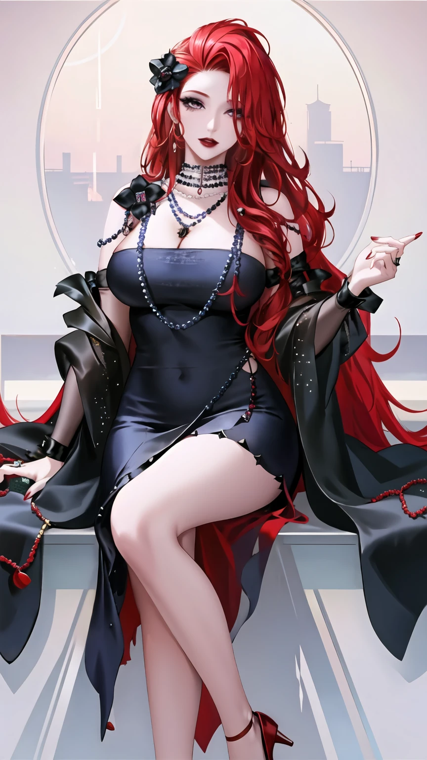 Shooting by the sea，1 Girl, Jewelry, Red hair, Solitary, necklace, Long hair, earrings, Mole under mouth, Red nails, flower瓣, Red lips, Hair accessories, flower, black flower, pearl necklace, portrait, Lipstick, cosmetic, Gray eyes, Nail polish, gem,Open your mouth,Red lips,,Huge breasts, (Glowing skin),(Mature female:1.2),Cabernet Sauvignon,，Visible throughout the body，Perfect legs，High heel
