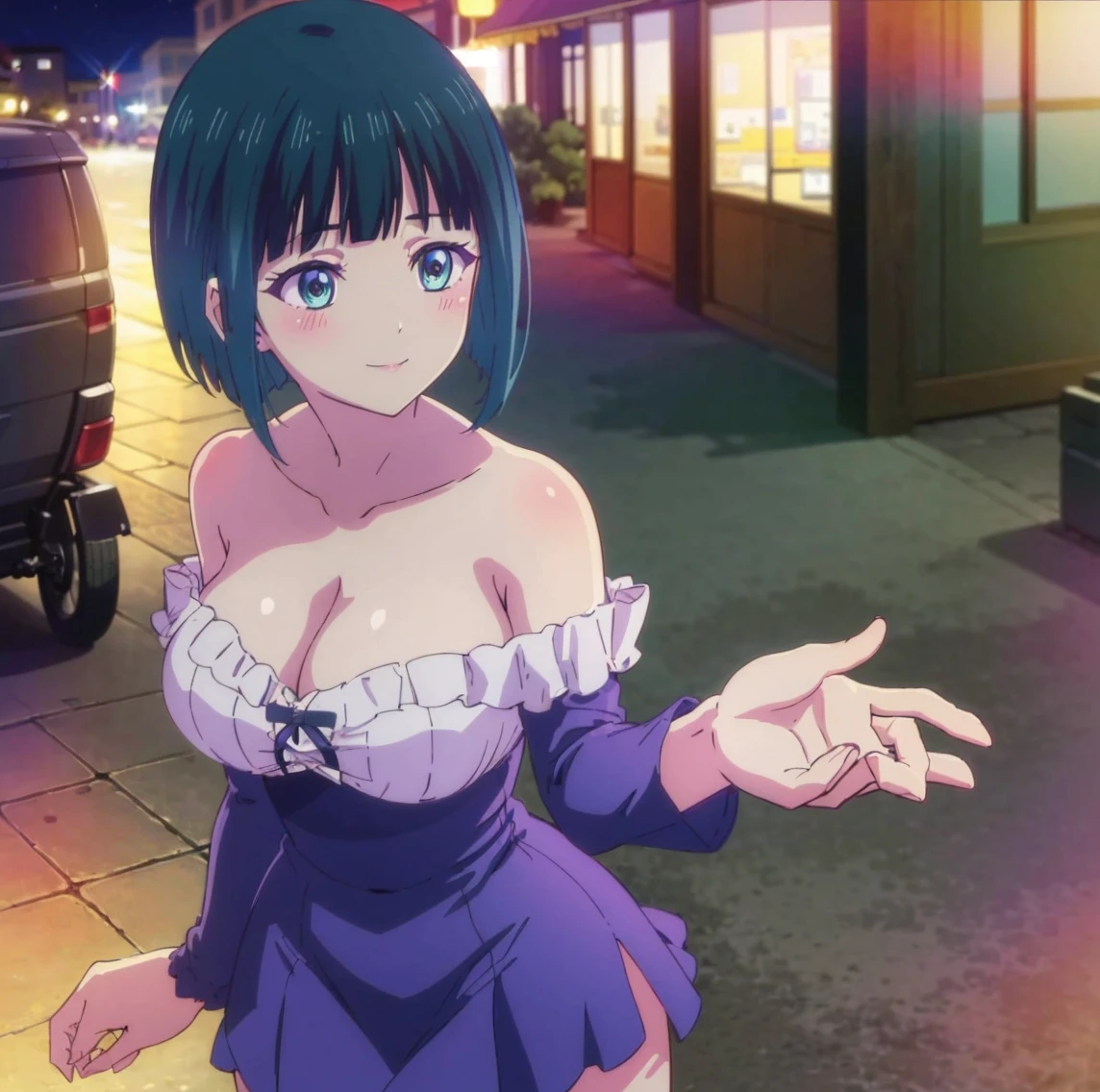 ((1girl)),((alone)),shiragiku ono,(masterpiece), (best quality), (ultra detailed), (best illustration), (best shadow), (absurdities), sharp focus, cowboy photo , looking at the viewer, big breasts, narrow waist, wide hips, wide thighs, round butt, dynamic posture, short hair, green hair, blue eyes, Chinese dress, cleavage, exposed shoulders, earrings, bare legs, calm smile, mouth closed, (sexy pose: 1.2), alone, standing: 1.3, outdoor, night, cityscape, city, city lights, Streets, looking forward, ((focus on breasts), pov (from above), blushing red, perfect anatomy, perfect hands