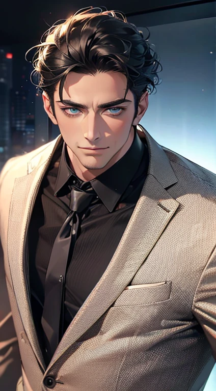 (best quality,4k,8k,highres,masterpiece:1.2),ultra-detailed,(realistic,photorealistic,photo-realistic:1.37),1 man,31 years old,mature man,very handsome,without expression,smile,short grey black hair,blue eyes,penetrating gaze,perfect face without errors,imposing posture,businessman,office background,cinematic lighting,hdr image