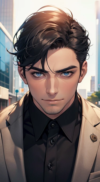 (best quality,4k,8k,highres,masterpiece:1.2),ultra-detailed,(realistic,photorealistic,photo-realistic:1.37),1 man,31 years old,mature man,very handsome,without expression,smile,short grey black hair,blue eyes,penetrating gaze,perfect face without errors,imposing posture,businessman,office background,cinematic lighting,hdr image