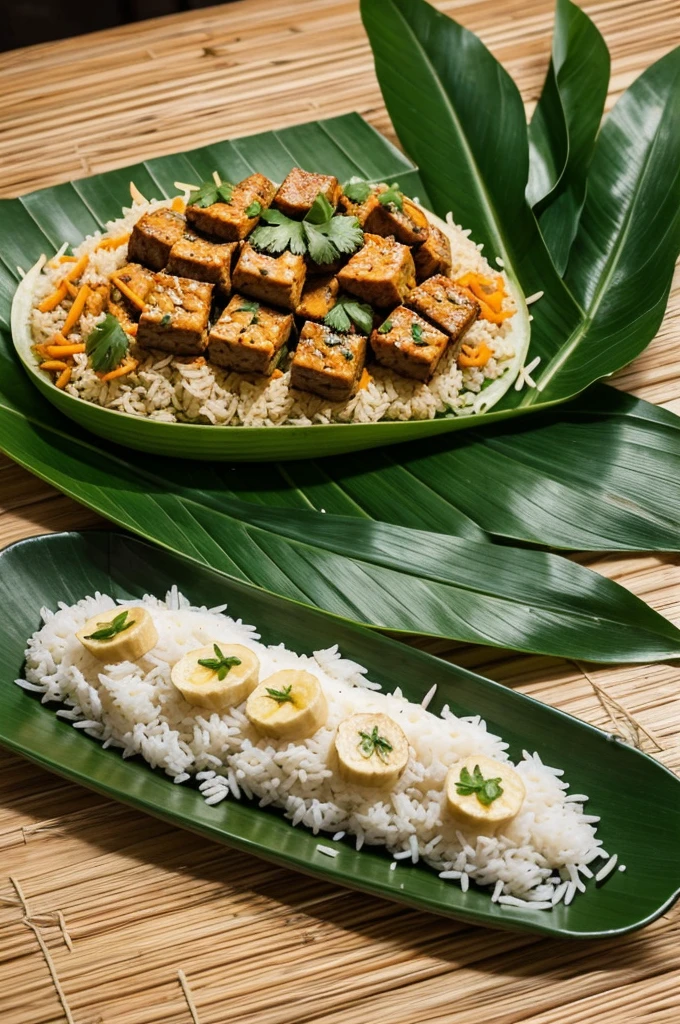"Create a logo for 'Pastil Bliss Bites' featuring a banana leaf wrapped around rice and shredded chicken, with a red chili pepper accent. Use earthy green and brown colors for a traditional, rustic look."