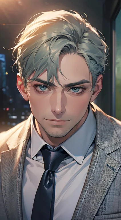 (best quality,4k,8k,highres,masterpiece:1.2),ultra-detailed,(realistic,photorealistic,photo-realistic:1.37),1 man,31 years old,mature man,very handsome,without expression,smile,short grey green hair,blue eyes,penetrating gaze,perfect face without errors,imposing posture,businessman,office background,cinematic lighting,hdr image