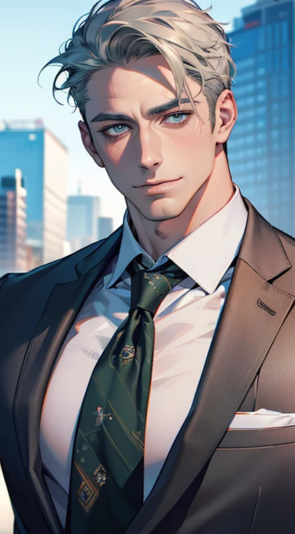 (best quality,4k,8k,highres,masterpiece:1.2),ultra-detailed,(realistic,photorealistic,photo-realistic:1.37),1 man,31 years old,mature man,very handsome,without expression,smile,short grey green hair,blue eyes,penetrating gaze,perfect face without errors,imposing posture,businessman,office background,cinematic lighting,hdr image