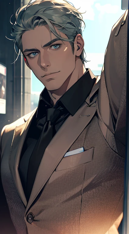(best quality,4k,8k,highres,masterpiece:1.2),ultra-detailed,(realistic,photorealistic,photo-realistic:1.37),1 man,31 years old,mature man,very handsome,without expression,smile,short grey green hair,blue eyes,penetrating gaze,perfect face without errors,imposing posture,businessman,office background,cinematic lighting,hdr image