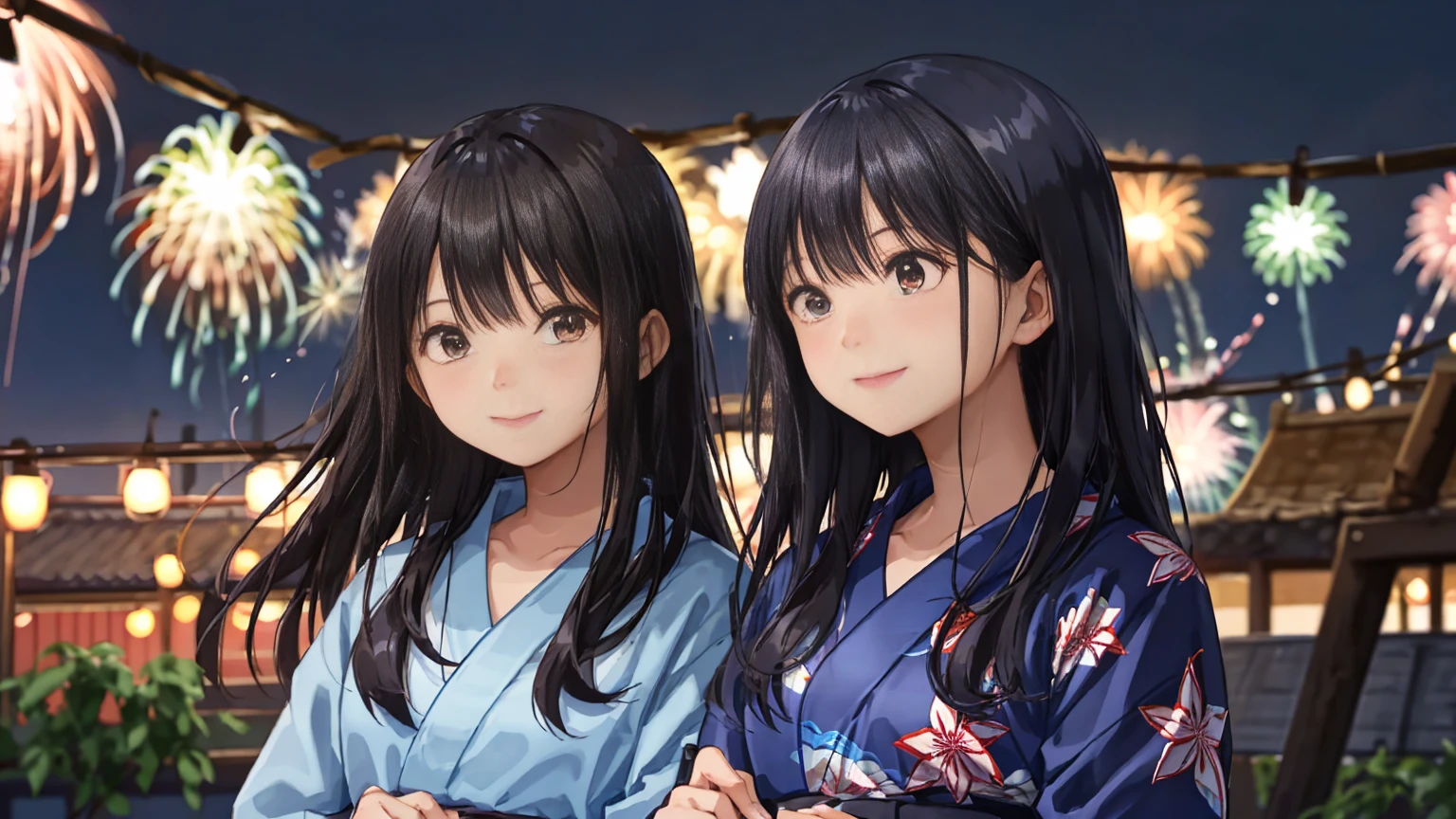 A shot of a man and woman looking at each other、The background is a lot of colorful fireworken have short, black hair、He is tall and has a handsome appearance、Wearing a cool yukata、The woman has dark blue and medium-long hair.、She is short and has a cute appearance.、She is wearing a cute yukata with a floral pattern、The two of them are smiling shyly and their cheeks are flushed red.、The surroundings are surrounded by warm lighting.、The fireworks are shining beautifully