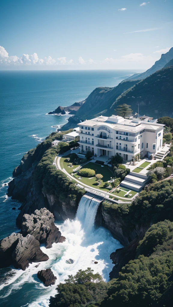 A stunning minimal black and white mansion designed by Dieter Rams, BRAUN. Product ad retro. industrial design inspiration. Unreal engine render, natural lighting, on cliffside overlooking the ocean.maximalist, palatial scene, dream pool, luxury lifestyle, stunning view, luxurious theme, сastle on the rock, professional color grading, soft shadows, no contrast, clean sharp focus, film photography , 4k, clear image, promotional lighting,Hyper realistic,Ultra Detailed,Masterpiece, best quality,8k,,4k resolution,RAW, Nikon Z9,