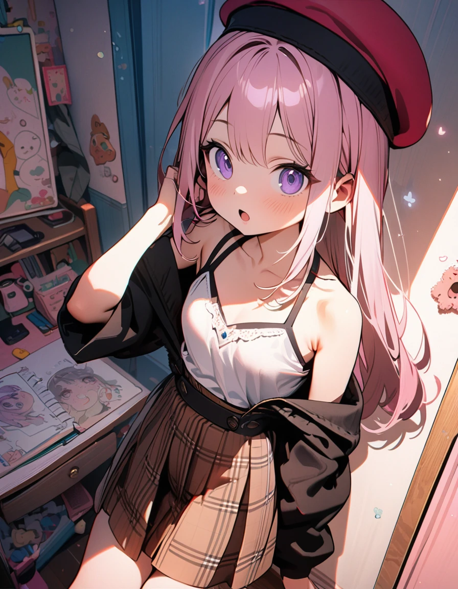 (8K, best quality, master piece: 1.2),super high resolution,1 girl,17yo,solo,ultra-detailed face,deep detailed eyes,Purple eyes,Mascara,long hair,Straight hair,rose pink hair,Beret,halter top,Brown skirt in plaid skirt,The girl calling on a landline telephone in one hand and doodling on a illustrations of Notepad,the Notepad has illustrations of three cats in different positions,smile,:o,rim light,messy children's room