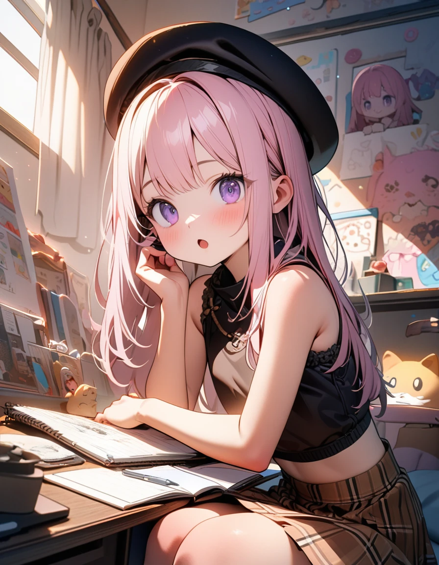 (8K, best quality, master piece: 1.2),super high resolution,1 girl,17yo,solo,ultra-detailed face,deep detailed eyes,Purple eyes,Mascara,long hair,Straight hair,rose pink hair,Beret,halter top,Brown skirt in plaid skirt,The girl calling on a landline telephone in one hand and doodling on a illustrations of Notepad,the Notepad has illustrations of three cats in different positions,smile,:o,rim light,messy children's room