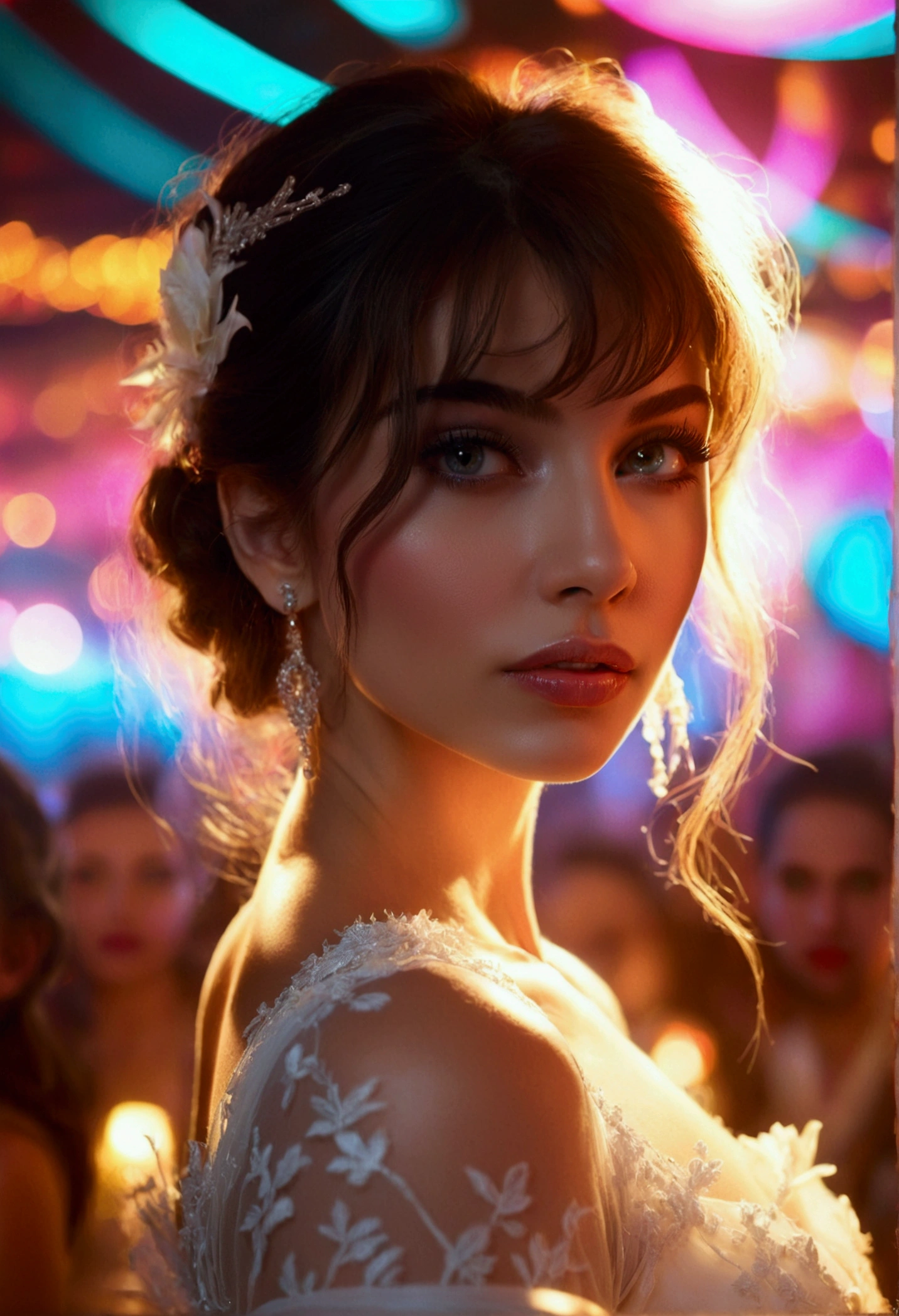 a woman in a white dress in a club, looking directly at the viewer, beautiful detailed eyes, beautiful detailed lips, extremely detailed face, long eyelashes, elegant, graceful pose, soft lighting, warm colors, cinematic, high quality, photorealistic, detailed background, glowing skin, detailed fabric textures, night club atmosphere, neon lights, cinematic lighting