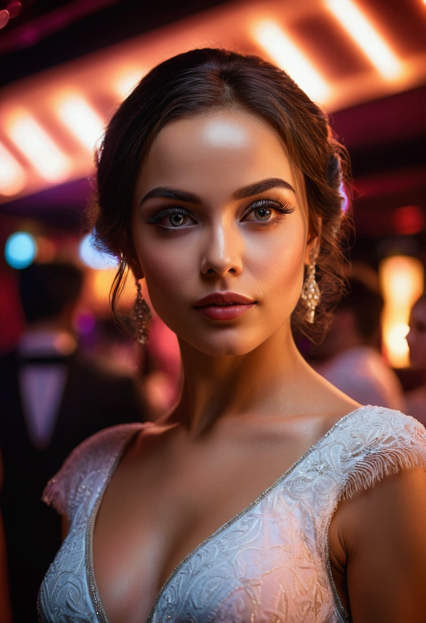a woman in a white dress in a club, looking directly at the viewer, beautiful detailed eyes, beautiful detailed lips, extremely detailed face, long eyelashes, elegant, graceful pose, soft lighting, warm colors, cinematic, high quality, photorealistic, detailed background, glowing skin, detailed fabric textures, night club atmosphere, neon lights, cinematic lighting