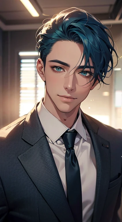 (Highest quality,4K,8K,High resolution,masterpiece:1.2),Super detailed,(Realistic,photoRealistic,photo-Realistic:1.37),1 person,34 years old,Mature Men,Beautiful skin、very handsome,Expressionless smile in love,Short blue hair,green eyes,Sharp Eyes,A perfect face without a doubt,Businessman, CEO, Office Background,Cinema Lighting,HDR image,tie、