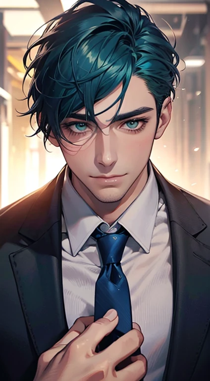 (Highest quality,4K,8K,High resolution,masterpiece:1.2),Super detailed,(Realistic,photoRealistic,photo-Realistic:1.37),1 person,34 years old,Mature Men,Beautiful skin、very handsome,Expressionless smile in love,Short blue hair,green eyes,Sharp Eyes,A perfect face without a doubt,Businessman, CEO, Office Background,Cinema Lighting,HDR image,tie、
