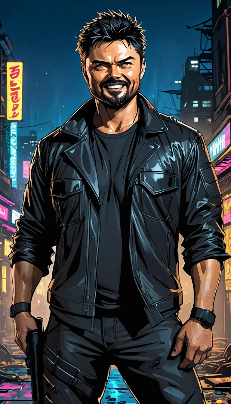 (Karl Urban:1.5), Based on William "Billy" Butcher, from the series The Boys, medium black hair, thick goatee, Muscle, Cyberpunk Style, night background, naughty smile, black messy beard, messy hair, black clothes, full body, Comic Art Style
