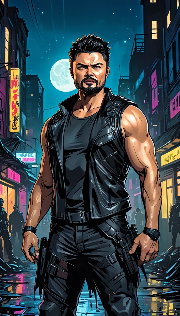 (Karl Urban:1.5), Based on William "Billy" Butcher, from the series The Boys, medium black hair, thick goatee, Muscle, Cyberpunk Style, night background, naughty smile, black messy beard, messy hair, black clothes, full body, Comic Art Style

