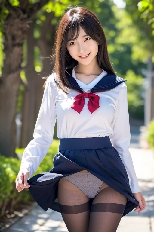 Highest quality、Highest quality、Highest Resolution、masterpiece、detailed、live-action)、
(((Lift up the hem of the sailor uniform skirt with your own hands)))、
(((Grab the hem of your sailor uniform skirt with your own hands)))、
(((Wearing pantyhose up to the waist)))、
((Pantiesを見せて))、
((Pantiesが見えている))、
Panties、
1 Japanese woman、
Cute Japanese Woman、
Beautiful 20 year old Japanese woman、
Slender figure、
Super slim figure、
Small breasts、
Silver Hair、
The woman is facing the photographer、
smile、
whole body、
Standing posture、
