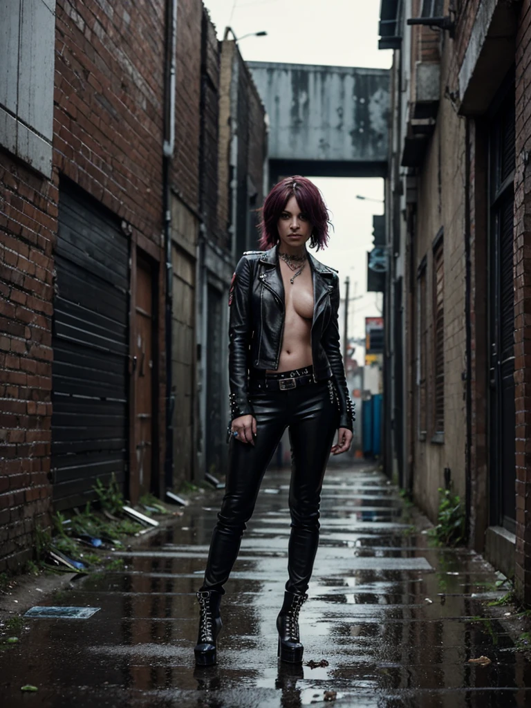 incredibly sexy leather clad punk rock revenge chick standing in a derelict alleyway in the rain at night