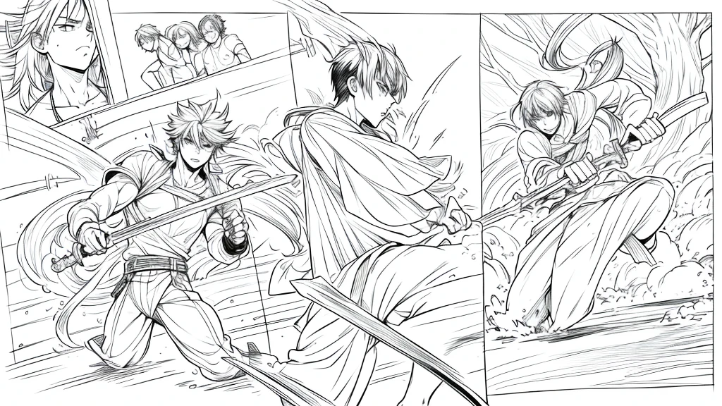 sequence of 4 drawings with a manga type line art combat:
characters:
Chico:
Appearance: dressed in loose pants and a plain short-sleeved t-shirt Fighting style: [Describe the boy&#39;s fighting style: agile and fast..]
Muscle man:
Appearance: dressed in knee-length shorts and bare-chested with almost long hair Fighting style: with a strong and forceful sword.]
weapon: Large, detailed greatsword.
scenery:

on an open dirt road in the woods Combat sequence:
the boy dodges a blow from the greatsword and counterattacks with a kick.]