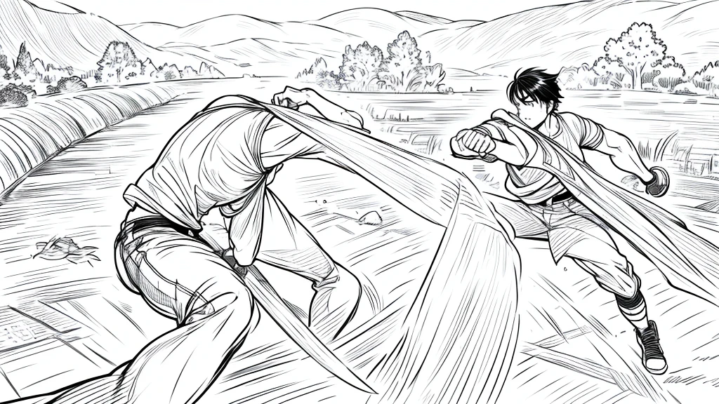 sequence of 4 drawings with a manga type line art combat:
characters:
Chico:
Appearance: dressed in loose pants and a plain short-sleeved t-shirt Fighting style: [Describe the boy&#39;s fighting style: agile and fast..]
Muscle man:
Appearance: dressed in knee-length shorts and bare-chested with almost long hair Fighting style: with a strong and forceful sword.]
weapon: Large, detailed greatsword.
scenery:

on an open dirt road in the woods Combat sequence:
the boy dodges a blow from the greatsword and counterattacks with a kick.]
