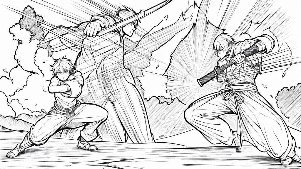 sequence of 4 drawings with a manga type line art combat:
characters:
Chico:
Appearance: dressed in loose pants and a plain short-sleeved t-shirt Fighting style: [Describe the boy&#39;s fighting style: agile and fast..]
Muscle man:
Appearance: dressed in knee-length shorts and bare-chested with almost long hair Fighting style: with a strong and forceful sword.]
weapon: Large, detailed greatsword.
scenery:

on an open dirt road in the woods Combat sequence:
the boy dodges a blow from the greatsword and counterattacks with a kick.]