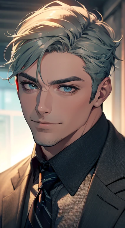 (best quality,4k,8k,highres,masterpiece:1.2),ultra-detailed,(realistic,photorealistic,photo-realistic:1.37),1 man,31 years old,mature man,very handsome,without expression,smile,short grey green hair,blue eyes,penetrating gaze,perfect face without errors,imposing posture,businessman,office background,cinematic lighting,hdr image