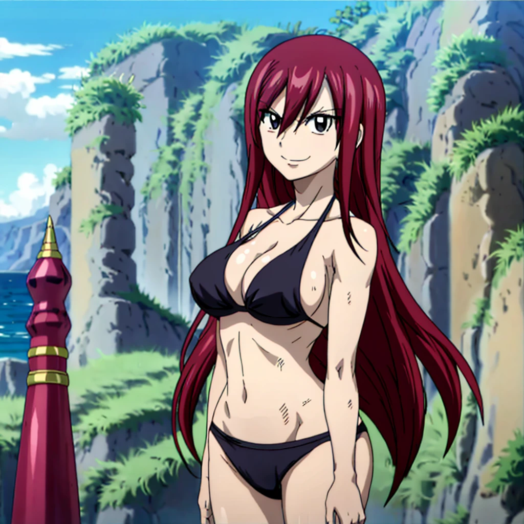 masterpiece, anime style, beach, best quality, highres, fairy tail, 1girl, large breasts, collarbone, midriff, black bikini, standing, outdoors, insane smile,mature woman, tall