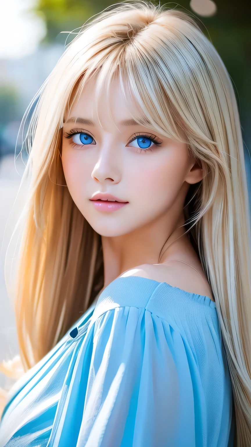 Very beautiful face、Super Long Hair、windy silky blonde super long hair、Swinging bangs、19 year old cute sexy blue eyed blonde girl、Hair above the eyes、片Hair above the eyes、Hair between the eyes、Big bright blue eyes that sparkle so beautifully、eyeliner、Bright expression、