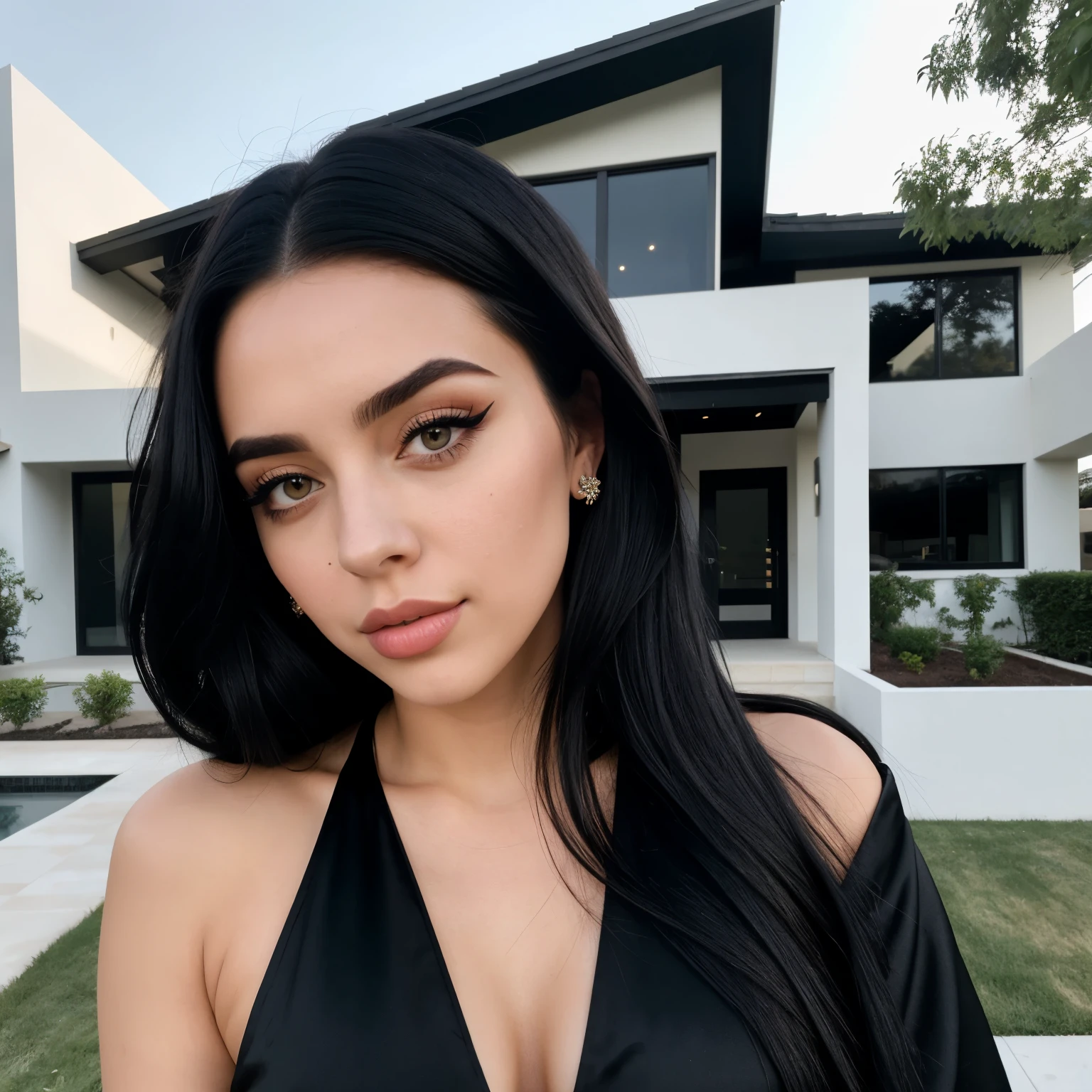 headshot of a 27 year old rich woman, in front of a house with modern architecture, with a face similar to Billie Eilish with black eyes, dark shaped eyes, makeup on black eyelids, and black eyeliner, with long black hair and striking look, in luxurious sexy black dress. 