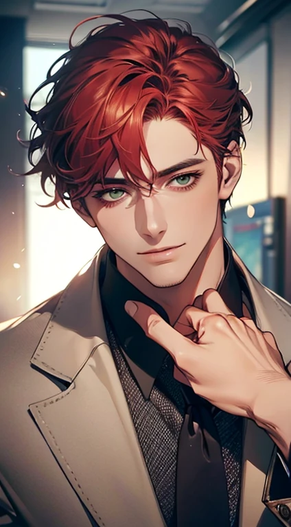 (Highest quality,4K,8K,High resolution,masterpiece:1.2),Super detailed,(Realistic,photoRealistic,photo-Realistic:1.37),1 person,31 years old,Mature Men,Beautiful skin、very handsome,Expressionless smile in love,Short gray red hair,green eyes,Sharp Eyes,A perfect face without a doubt,Businessman,Office Background,Cinema Lighting,HDR image,tie、