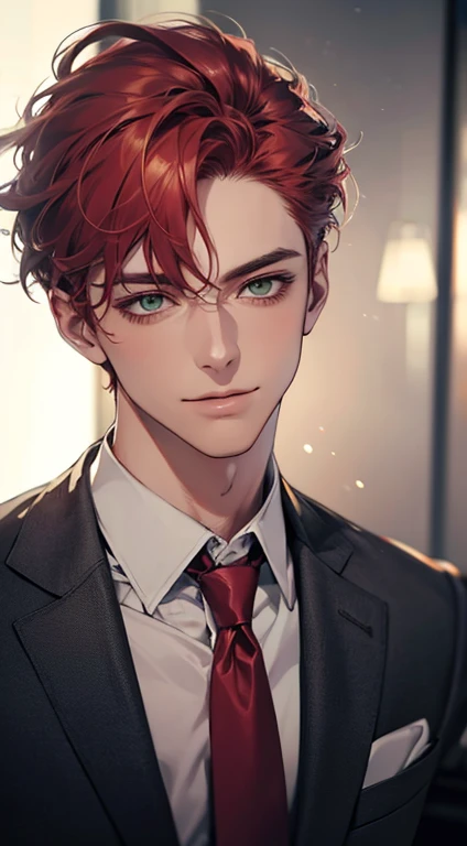 (Highest quality,4K,8K,High resolution,masterpiece:1.2),Super detailed,(Realistic,photoRealistic,photo-Realistic:1.37),1 person,31 years old,Mature Men,Beautiful skin、very handsome,Expressionless smile in love,Short gray red hair,green eyes,Sharp Eyes,A perfect face without a doubt,Businessman,Office Background,Cinema Lighting,HDR image,tie、