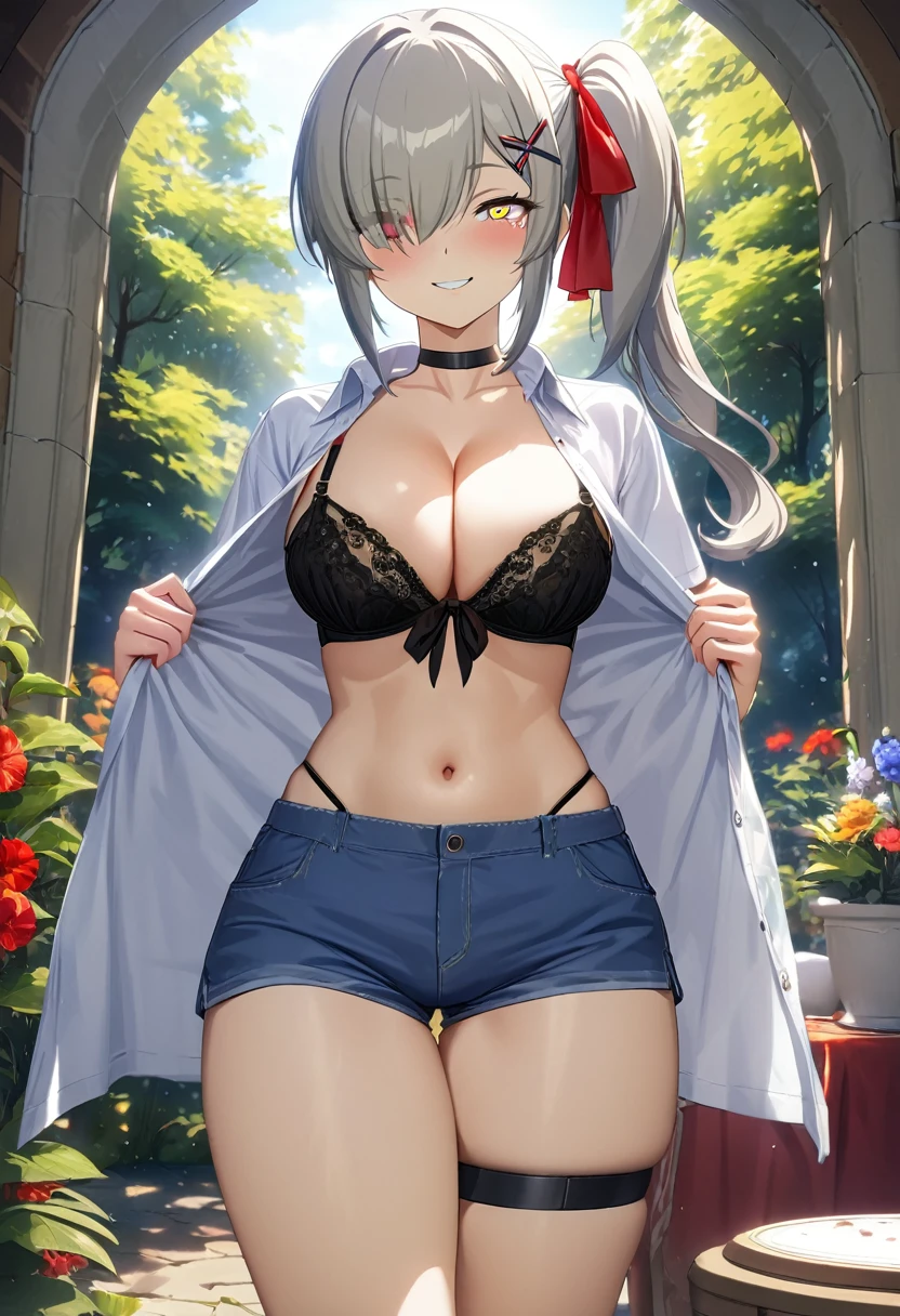 One girl, HS1, (Red left eye:1.3), (Right eye is yellow:1.3), Side Ponytail, X Hair Ornament, Thigh straps, smile,
break nsfw, (Black bra:1.2), (Cleavage:1.3), (chest protruding from the shirt:1.5), Blue shorts, Front tie top, Hair Ribbon, abdomen, Short shorts, Panty Straps, White shirt, Black Choker, Open jacket, Cowboy Shot, Are standing, 
break outdoors, (garden:1.2),
break looking at viewer, 
break (masterpiece:1.2), Highest quality, High resolution, unity 8k wallpaper, (figure:0.8), (Beautiful attention to detail:1.6), Highly detailed face, Perfect lighting, Highly detailed CG, (Perfect hands, Perfect Anatomy)