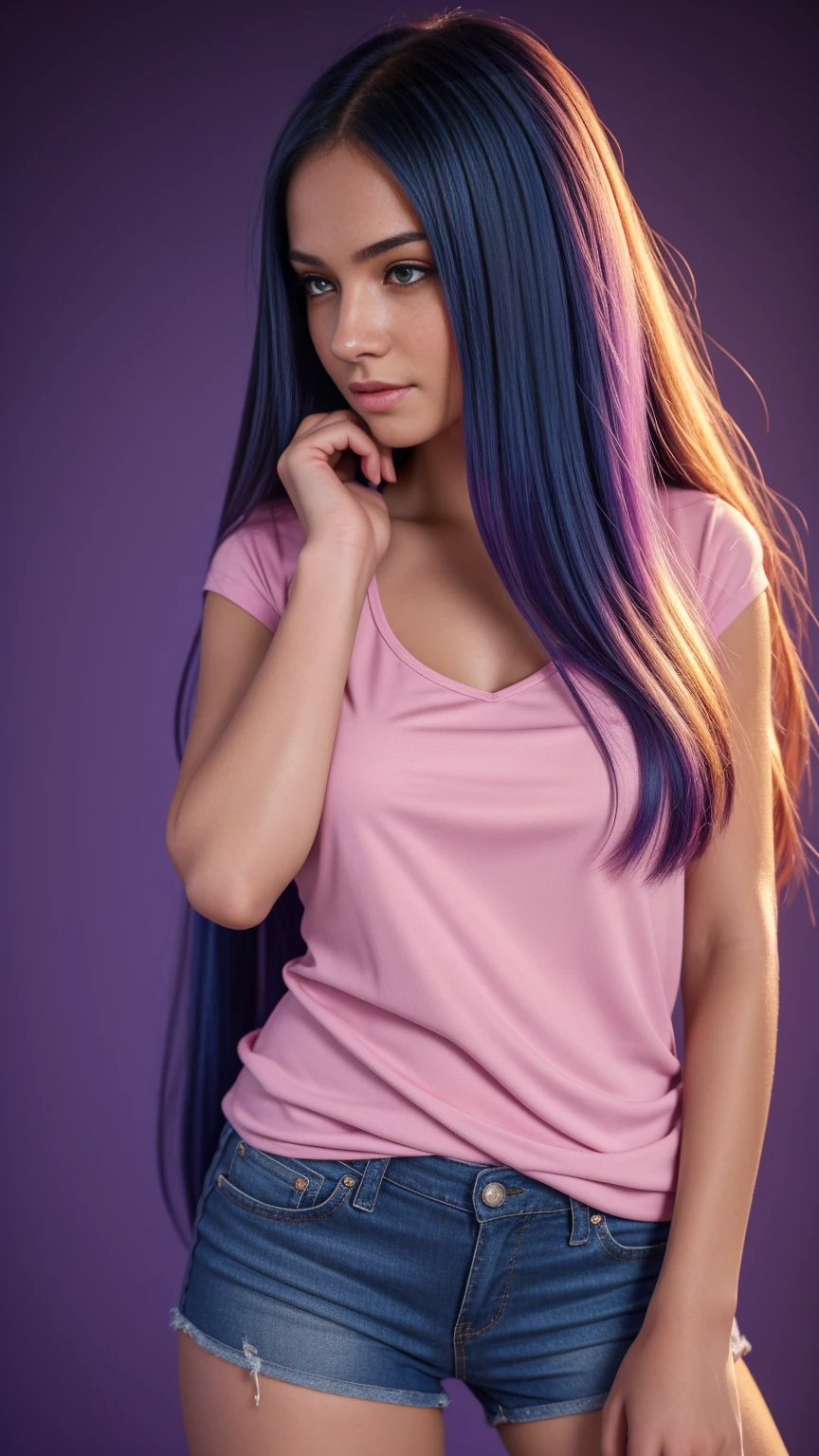 Beautiful realistic girl with blue long hair... ,..... ,Close-up of clean skin with detail ,full length,in short red and black mini shorts and a pink blouse,on a purple background,high quality 8k, high quality с высоким разрешением, Rich colors, Soft light, Super detailed photos. high quality, 8k Ultra HD, High Definition, Noise suppression, яркие Rich colors.. high quality, 8k Ultra HD, High Definition,