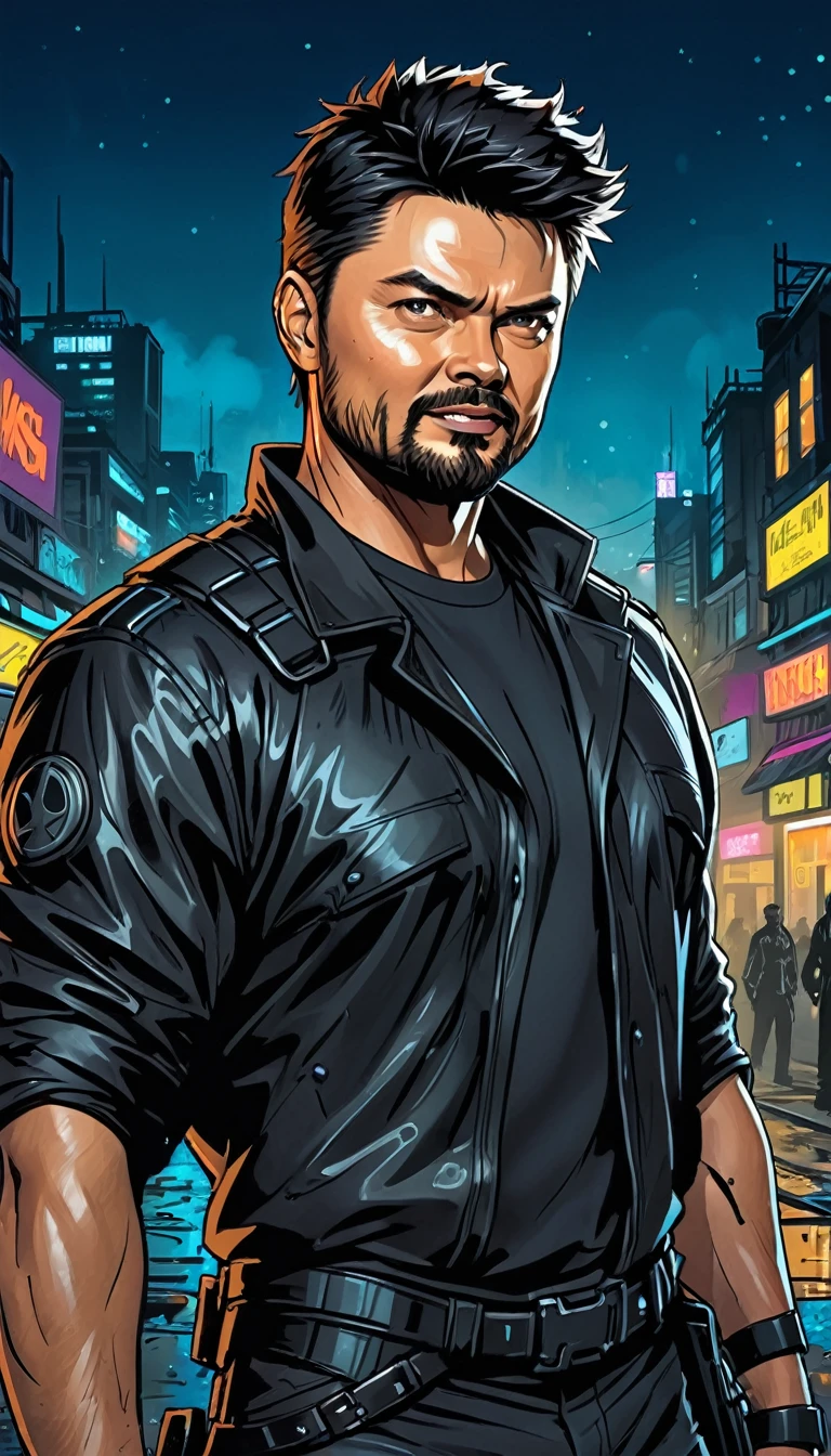 (Karl Urban:1.5), Based on William "Billy" Butcher, from the series The Boys, medium black hair, thick goatee, Muscle, Cyberpunk Style, night background, naughty smile, black big messy beard, messy hair, black clothes, portrait, Comic Art Style

