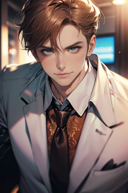 (tmasterpiece, high resolution, ultra - detailed:1.0), (1 male, masculine face, 31 years, CEO), Perfect male body, tall and strong, Adult male, Delicate eyes and delicate face, Extremely detailed CG, Unity 8k wallpaper, Complicated details, Detailed face, (short brown hair, short  hair, smile in love faces, blur eyes, white shirts,), (frown, smile in love:1.3), stad in corporativo, empresa, escritório style, color difference, Depth of field, dramatic shadow, Ray tracing, Best quality, Cinematic lighting, offcial art,Portrait