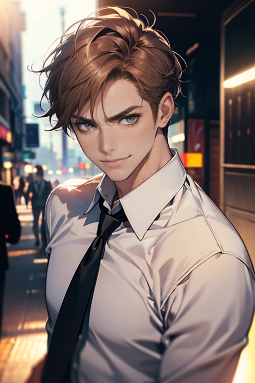(tmasterpiece, high resolution, ultra - detailed:1.0), (1 male, masculine face, 31 years, CEO), Perfect male body, tall and strong, Adult male, Delicate eyes and delicate face, Extremely detailed CG, Unity 8k wallpaper, Complicated details, Detailed face, (short brown hair, short hair, smile in love faces, blur eyes, white shirts,), (frown, smile in love:1.3), stad in corporativo, empresa, escritório style, color difference, Depth of field, dramatic shadow, Ray tracing, Best quality, Cinematic lighting, offcial art,Portrait